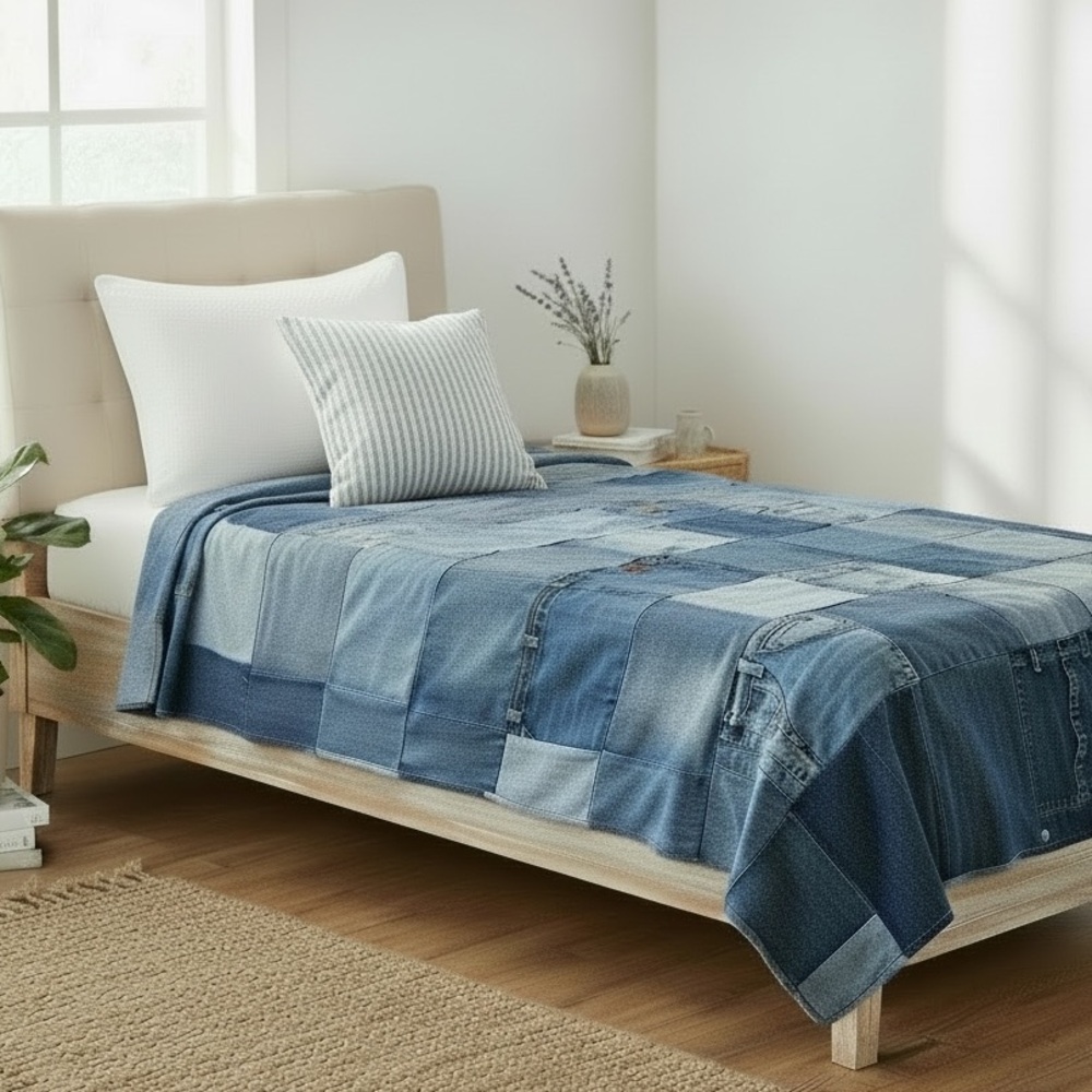 Vintage Handmade Upcycled Denim Patchwork Quilt & Denim Pillow Sham